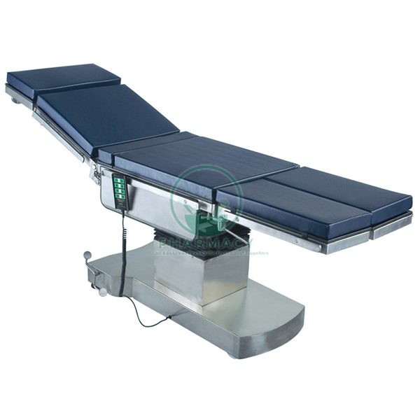 C-Arm Compatible, Fully Electromatic O.T. Table, Translucent top with all standard accessories of S.S. fitting &amp; blue rubberized mattress - 50mm thick.